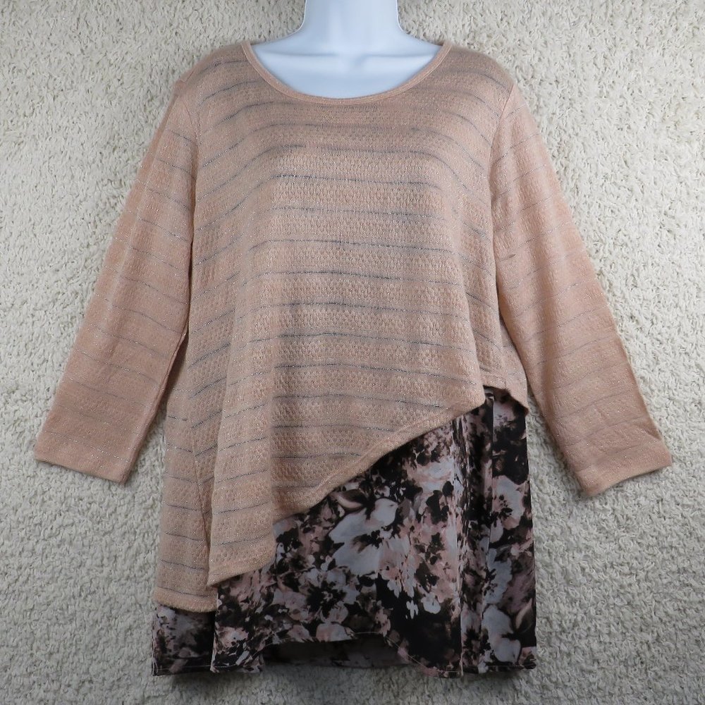 Dress Barn* Women's 3/4 Sleeve Boat Neck Abstract Curved Hem‎ Floral Blouse~ XL